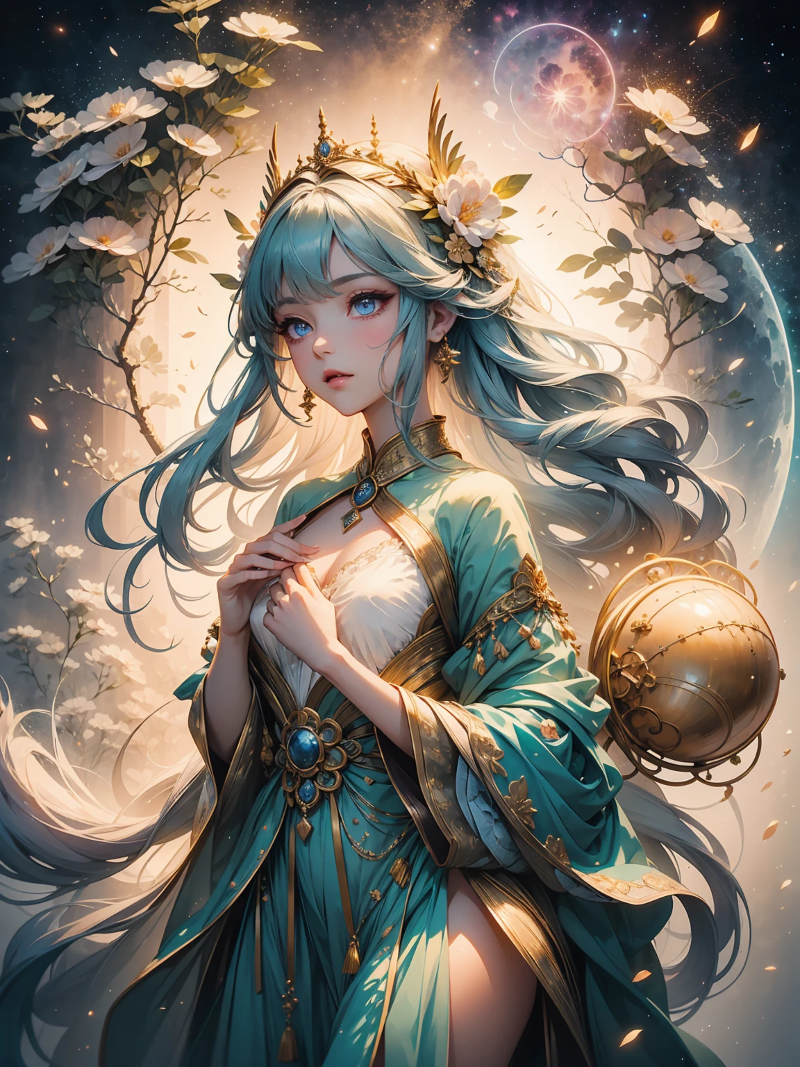 A stunning artwork of a majestic female character standing in an enchanting, mystical landscape. The full-body view showcases her in stylish and unique clothes of gold and purple, exuding an aura of elegance and power. Her long, flowing golden hair frames a face of regal beauty, highlighted by light blue eyes that radiate wisdom and an otherworldly charm. She holds a magic staff, intricately designed and glowing with mystical energy, adding to her majestic presence. The scenery around her is a fantastical forest bathed in twilight, with towering ancient trees and luminescent flora. A serene river flows nearby, reflecting the soft glow of a setting sun. Fireflies and ethereal lights float in the air, enhancing the magical atmosphere of this tranquil setting.