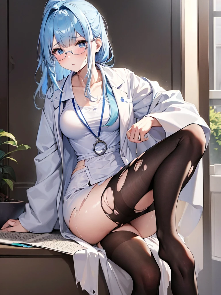 masterpiece, best quality, high quality, exquisite, medium hair, ponytail, blunt bangs, shiny hair, wavy hair, ((light blue hair,)) blue eyes, jitome, tareme, droopy eyes, pale skin, shiny skin, tiny, , small breasts, sailor uniform, ((lab coat,)) (black pantyhose,) glasses, blush, -yeld, (torn clothes,))))