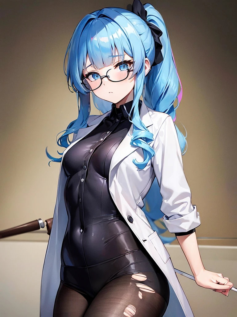 masterpiece, best quality, high quality, exquisite, medium hair, ponytail, blunt bangs, shiny hair, wavy hair, ((light blue hair,)) blue eyes, jitome, tareme, droopy eyes, pale skin, shiny skin, tiny, , small breasts, sailor uniform, ((lab coat,)) (black pantyhose,) glasses, blush, 10-year-old, ((((torn clothes,))))