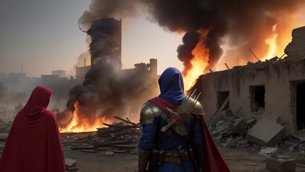 hdr, best 24k image, with shining armor a templar soldier, with a red hood, in front of a destroyed city, ruins fire, smoke, clear day