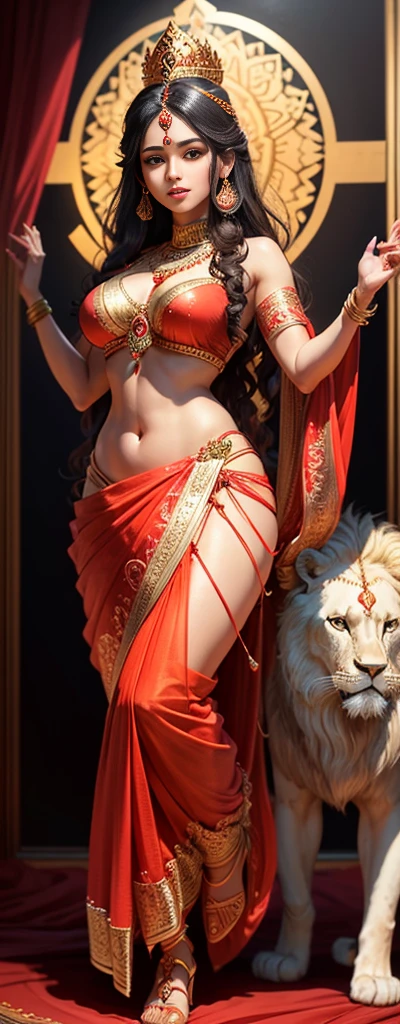 (highly detailed), (illustration), (intricate), (beautiful face), (attractive body), (complete body picture), modern indian goddess, Hinduism, (transparent red saree), dynamic pose, deity crown, (lion standing nearby), colorful, eye-catching, heavenly.