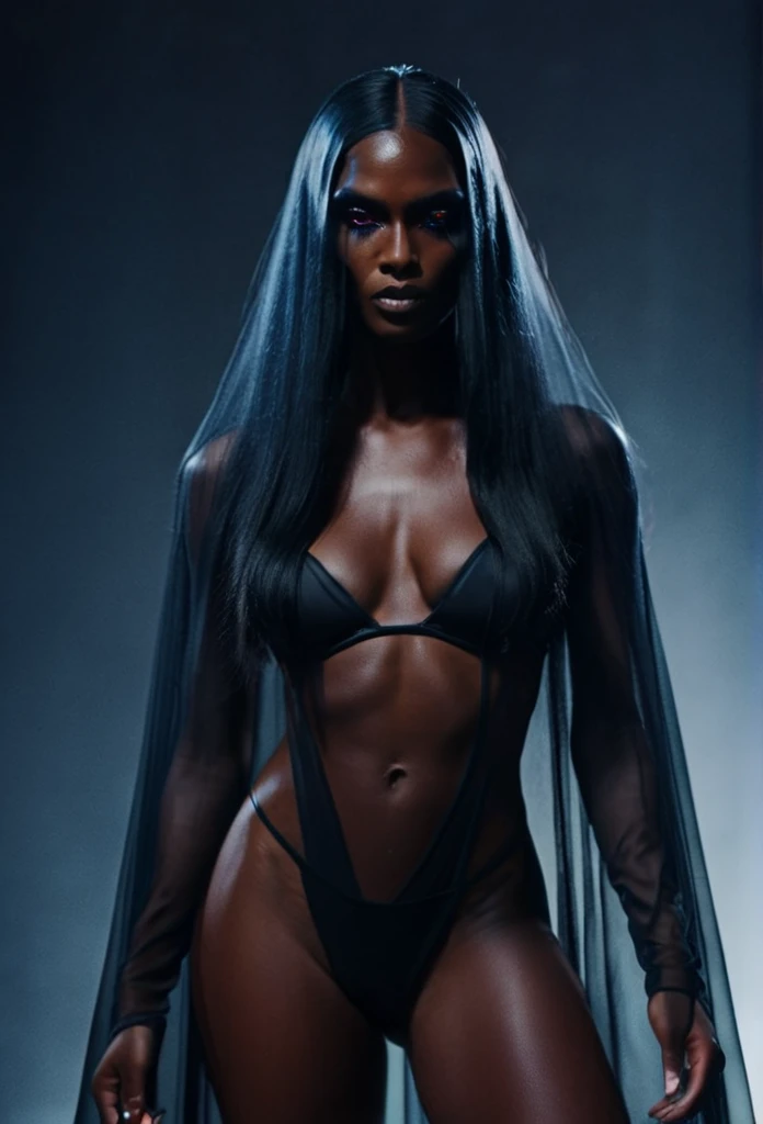 Fashionable of androgynous alien looking witch wearing veil, glowing eyes, beautiful evil black muscular woman, black skin, long white long hair, futuristic design, minimal details, givenchy, photoreal, 200mm, hd, f/ 2.0, highly detailed, surreal , drop dead, in the style of red and blue, (intricate details, hyperdetailed:1.15) (skin texture:1.2), cinematic, professional, 4k, (((dynamic model pose))), sitting, full body, mesmerizing, dynamic, dramatic, sensual, dynamic pose, highly detailed skin with hair, subcutaneous veins, light and shadow play, highly detailed,24mm photograph, film, bokeh, professional, 4k,