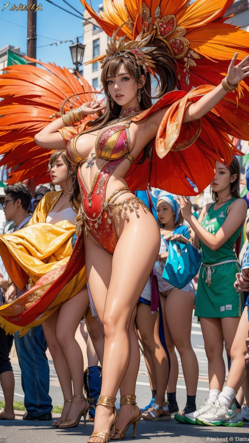 Highest quality, Official Art, masterpiece, Fabric Shading, High resolution, Very detailed, colorful, Best details, High leg samba micro costume:1.5, microwave good:1.9, 1 female, Age 25, Brown Hair, Medium Hair,BIG ASS:1.9, {{{{{Dancing vigorously in the parade:1.9}}}}}, A bustling boulevard, sunny, skinny, {{Surrounded by a bunch of male photographers:1.9}}, She is being photographed by many male photographers.:1.7, A blizzard is falling, Blessed, welcome:1.5, Camel Toe:1.9, Ground level shot,Put your arms behind your hips:1.9,