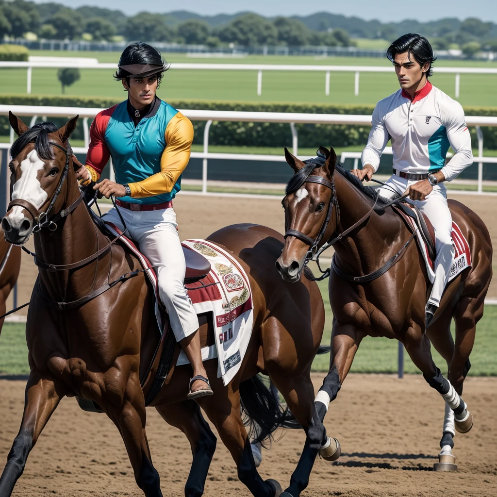 A 27 year ood man that is a muscular, attractive, black hair with somewhat tan skin, brown eyes, sharp jawline, thick eyebrows, racing silks outfit with bright and colorful colors inspired by polo men. Horse race track in the background With people riding horses.