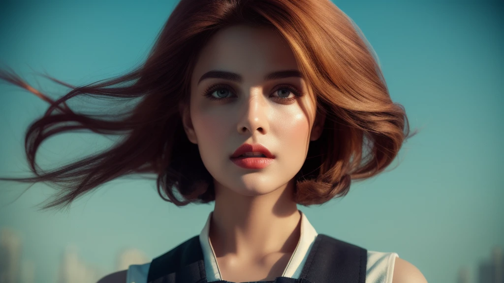 solo, concept art, surreal, hollywood actress, stunning beautiful face, beautiful body, beautiful face, highly detailed, 8K, aerial view of a beautiful Bollywood model beautiful, wearing dark orange Pinafore by Funny Somali Emerald, caramel hair styled as Short hair, fluorescent Purple hair tie, 360 rectangle, Highres, [(art by Willi Baumeister:1.1), (art art by John T. Biggers:1.2)::17], official art, unity wallpaper 8k, extremely detailed, aesthetic, masterpiece, best quality , photorealistic