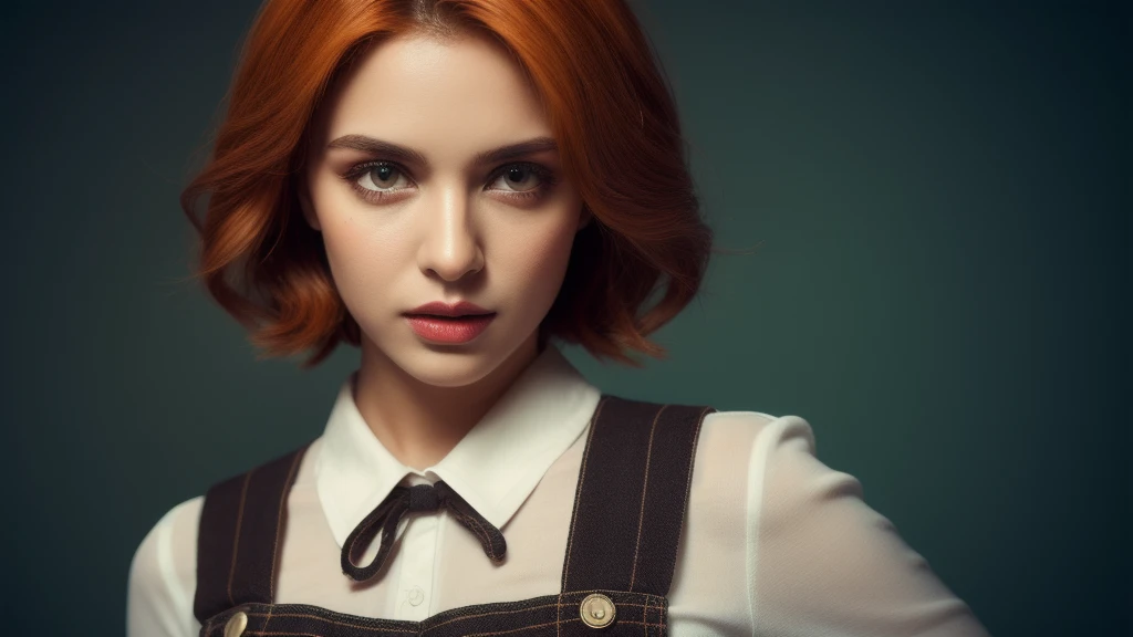 solo, concept art, surreal, hollywood actress, stunning beautiful face, beautiful body, beautiful face, highly detailed, 8K, aerial view of a beautiful Bollywood model beautiful, wearing dark orange Pinafore by Funny Somali Emerald, caramel hair styled as Short hair, fluorescent Purple hair tie, 360 rectangle, Highres, [(art by Willi Baumeister:1.1), (art art by John T. Biggers:1.2)::17], official art, unity wallpaper 8k, extremely detailed, aesthetic, masterpiece, best quality , photorealistic