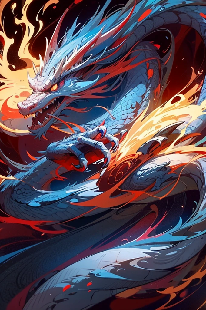 Dragon made of pure fire turned slightly to the right, made of pure fire, facing slightly to the right, close up, red dragon, dragon extremely close to the viewer, open mouth, wide open fire mouth