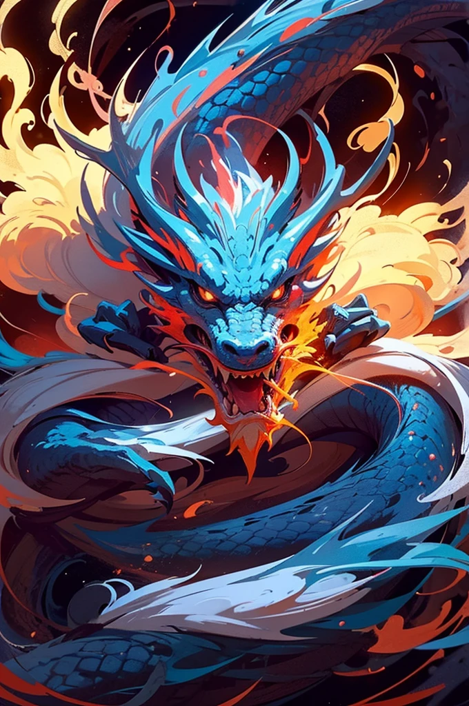 Dragon made of pure fire turned slightly to the right, made of pure fire, facing slightly to the right, close up, red dragon, dragon extremely close to the viewer, open mouth, wide open fire mouth