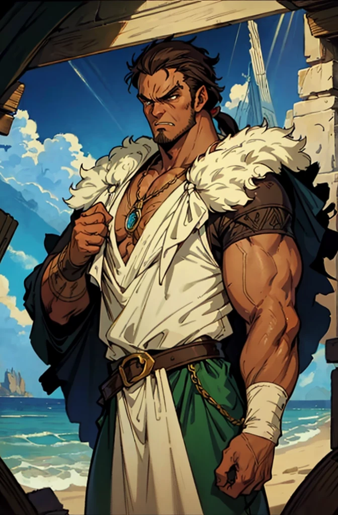 (masterpiece:1.2, best quality, extremely delicate), a man with short brown hair, a short ponytail, brown skin, a handsome face, deep eyes, a wild smile, stubble on his chin, wears a necklace with fangs, a muscular build, a fantasy-reality style blue open short vest, sleeveless, a cloth band on his arm, a yellow belt, green cargo pants, stands on an endless coastline, this character embodies a finely crafted fantasy-reality style rogue in anime style, exquisite and mature manga art style, dramatic, high definition, highres, ultra-detailed, ultra-fine painting, professional, perfect body proportions, golden ratio, anatomically correct, symmetrical face, extremely detailed eyes and face, high quality eyes, creativity, RAW photo, UHD, 32k, Natural light, cinematic lighting, masterpiece-anatomy-perfect,((angry)),full body,