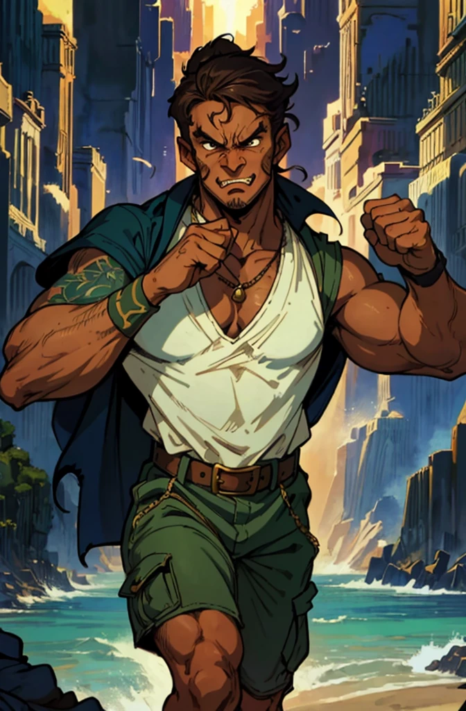 (masterpiece:1.2, best quality, extremely delicate), a man with short brown hair, a short ponytail, brown skin, a handsome face, deep eyes, a wild smile, stubble on his chin, wears a necklace with fangs, a muscular build, a fantasy-reality style blue open short vest, sleeveless, a cloth band on his arm, a yellow belt, green cargo pants, stands on an endless coastline, this character embodies a finely crafted fantasy-reality style rogue in anime style, exquisite and mature manga art style, dramatic, high definition, highres, ultra-detailed, ultra-fine painting, professional, perfect body proportions, golden ratio, anatomically correct, symmetrical face, extremely detailed eyes and face, high quality eyes, creativity, RAW photo, UHD, 32k, Natural light, cinematic lighting, masterpiece-anatomy-perfect,((angry)),full body,