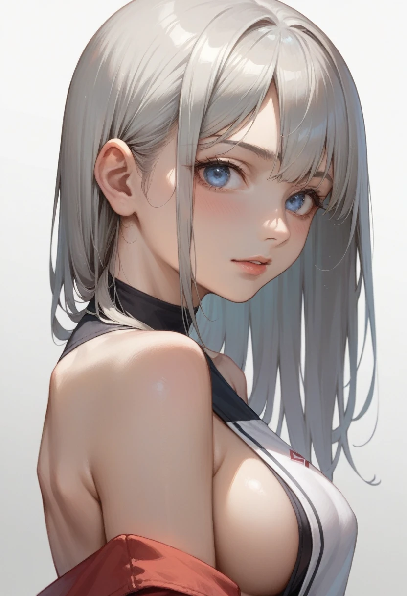 anime girl with blue eyes and gray hair with a red frame, oppai proportions, oppai, flat anime style shading, biomechanical oppai, top half of body, extra detailed body, shoulders can be seen, semi realistic anime, side boob, upper torso included, large breasts size, upper body close up, cel shaded anime, with a large breasts