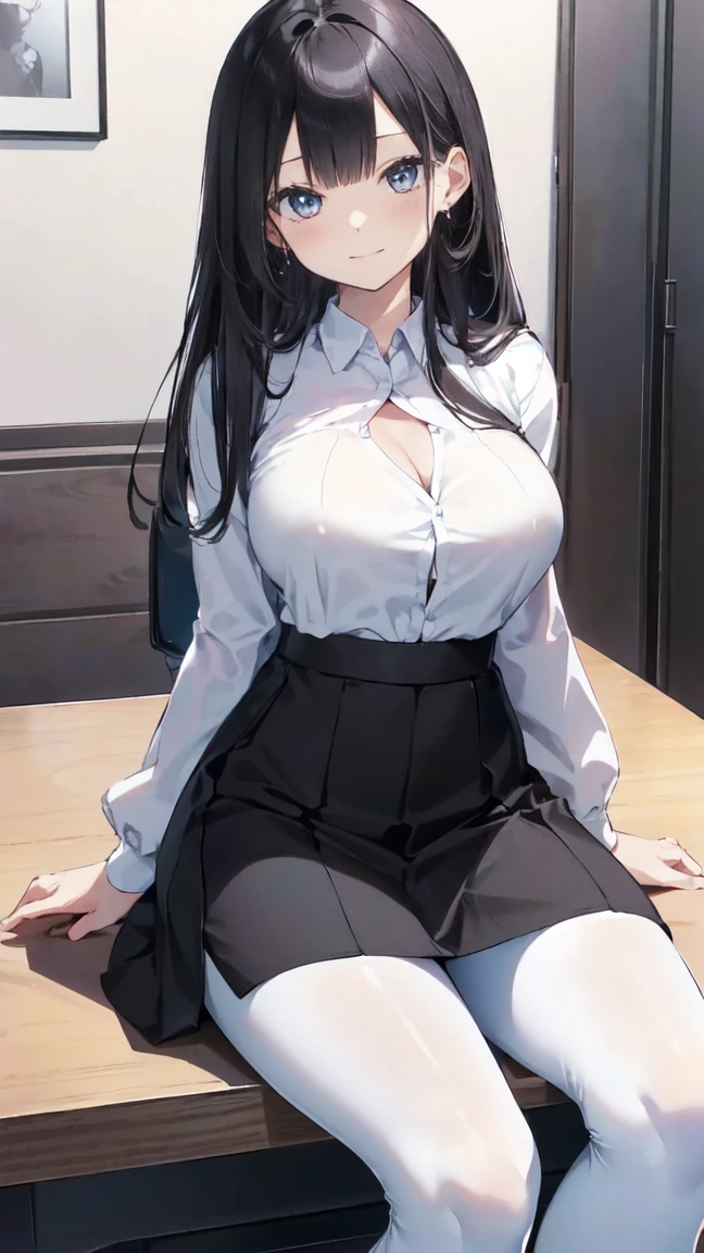 Best image quality, 8k, (Ultra-high resolution:1.5,Japanese,smile,Delicate eyes,Sensitive face,Attractive face,Long Black Hair、office、White shirt、Black tight skirt、Sitting in a chair、pantyhose、I can see your white pants、Big Breasts、Her chest is a little exposed.