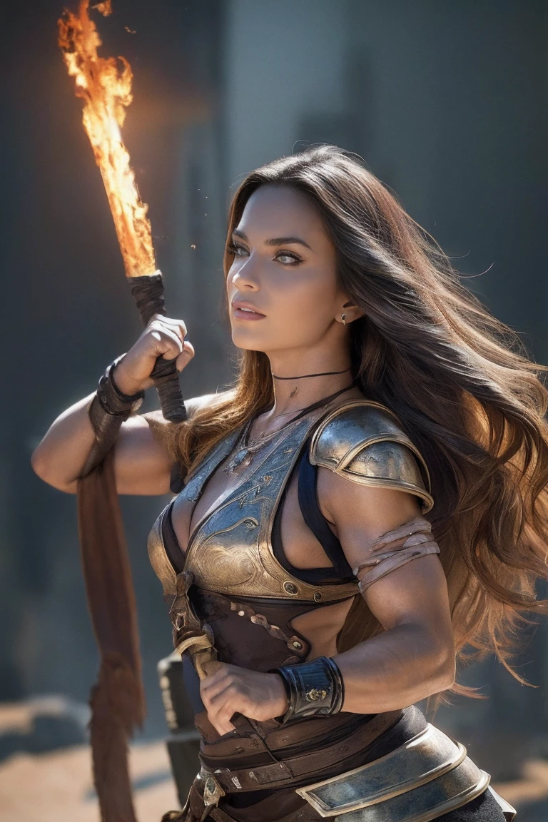 (highres,ultra-detailed,realistic:1.2),sexy warrior woman,beautiful detailed eyes,beautiful detailed lips,long raven hair,confident expression,vibrant armor,fit physique,intense gaze,fierce attitude,strong pose,weapons drawn,dark and moody lighting,sci-fi/fantasy concept art style,dramatic shadows and highlights,bold and vibrant colors,war-torn battlefield,smoke and fire in the background,warrior surrounded by fallen enemies,emerging victorious.