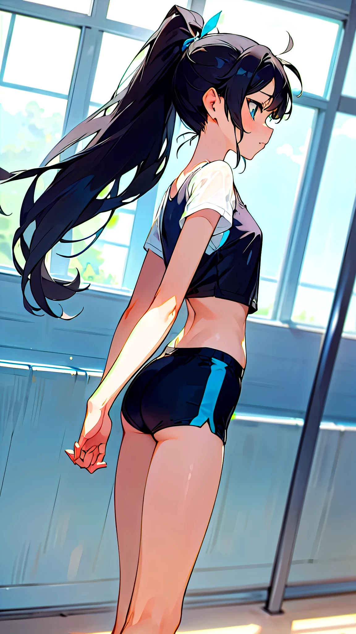 One girl, masterpiece, High resolution, Anatomically correct, blue eyes, cute、ribbon, far and near method, Anime Style, Black Hair, Long Hair, ponytail、Feet out of frame, Sports bra style swimsuit、chest, Shorts、See-through T-shirt、Character profile, 