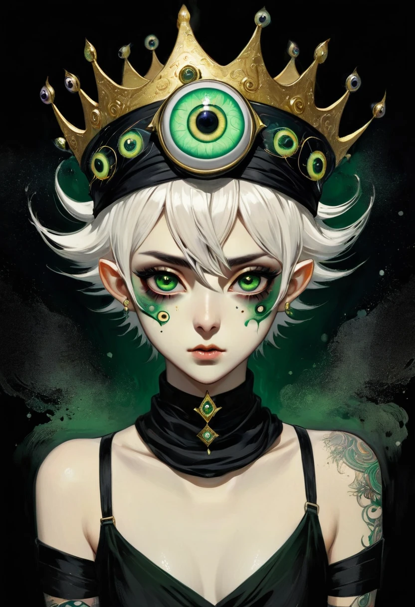 Japanese Anime，Second Dimension，Horror style，horror character，(((Three-eyed boy，独奏，third eye on the forehead，Dark eyeshadow，White short hair，Elf ears，Exaggerated golden crown-eyeball decoration))),(((Wrapped in bandages))).(((Thin waist，Green belt：1.6))).(style of santiago caruso,Tattoo on the neck)，Ink smudged black background blur
