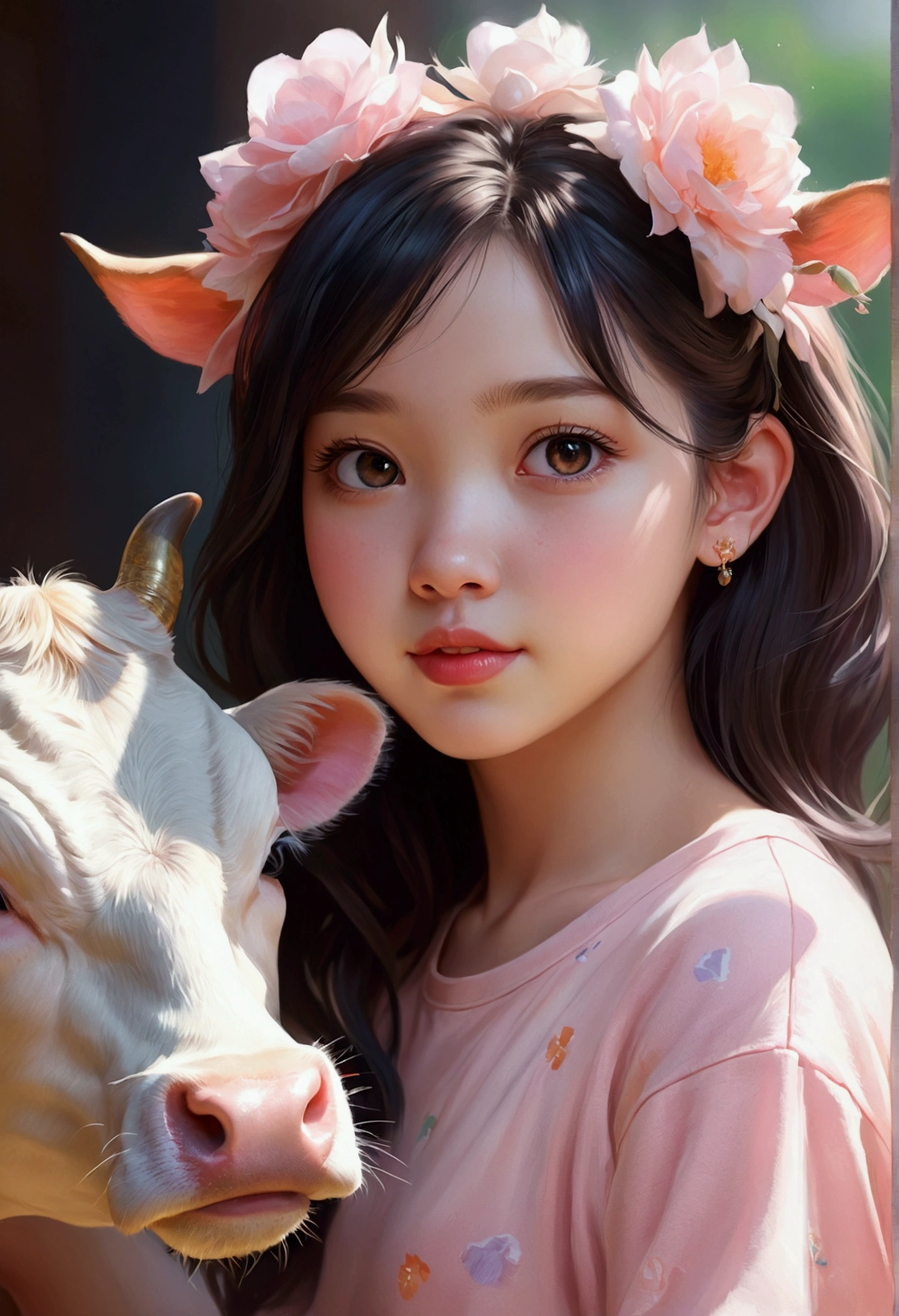 Beautiful with dreamy eyes, Calf and cow, Cute Girls, Volumetric Light, Ultra-realistic, Intricate details, shape, Painting, watercolor, Cute Chibi, , ah!, Shallow depth of field, Pastel Color Palette, Soft lighting, Minimum, Modern, Digital Painting, Lois Van Belle、Ross Tran、Art by artgerm, Artstation HQのトレンド, Very detailed，
