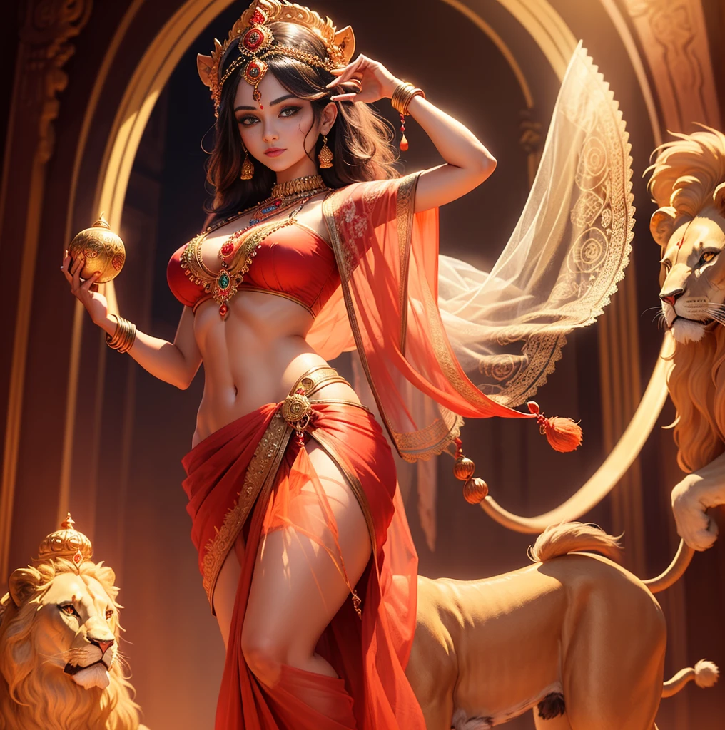 (highly detailed), (illustration), (intricate), (beautiful face), (attractive body), (complete body picture), modern indian goddess, Hinduism, (transparent red saree), dynamic pose, deity crown, (lion standing nearby), colorful, eye-catching, heavenly.