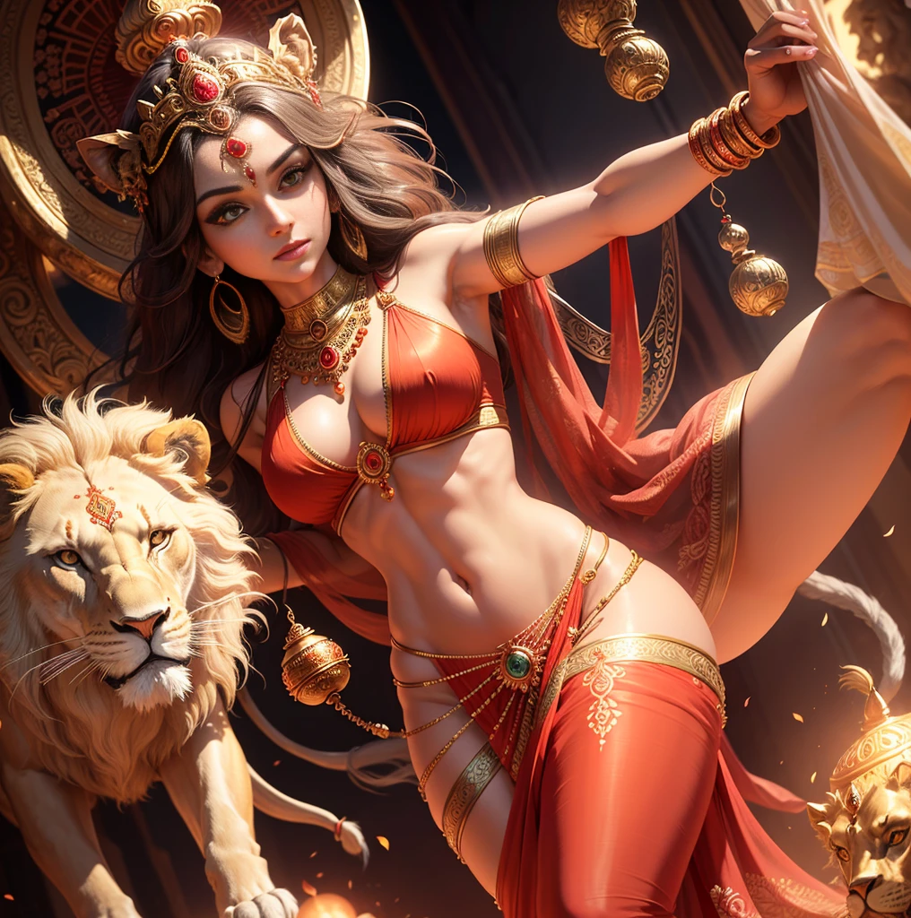 (highly detailed), (illustration), (intricate), (beautiful face), (attractive body), (complete body picture), modern indian goddess, Hinduism, (transparent red saree), dynamic pose, deity crown, (lion standing nearby), colorful, eye-catching, heavenly.