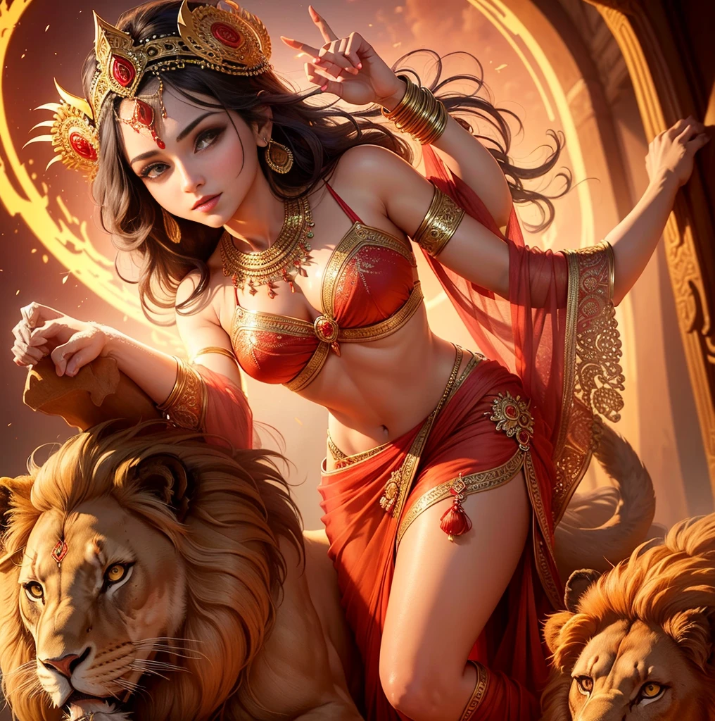 (highly detailed), (illustration), (intricate), (beautiful face), (attractive body), (complete body picture), modern indian goddess, Hinduism, (transparent red saree), dynamic pose, deity crown, (lion standing nearby), colorful, eye-catching, heavenly.