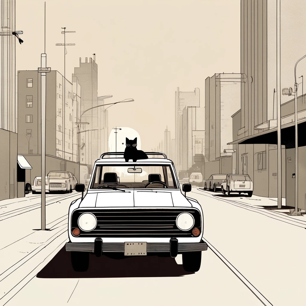 cat[-like , sweet,very cute,art by Sophie Roach , art by Jon Klassen , art by Michael Cho , art by Sophie Roach、sunglasses,smoking,city、driving,jeep