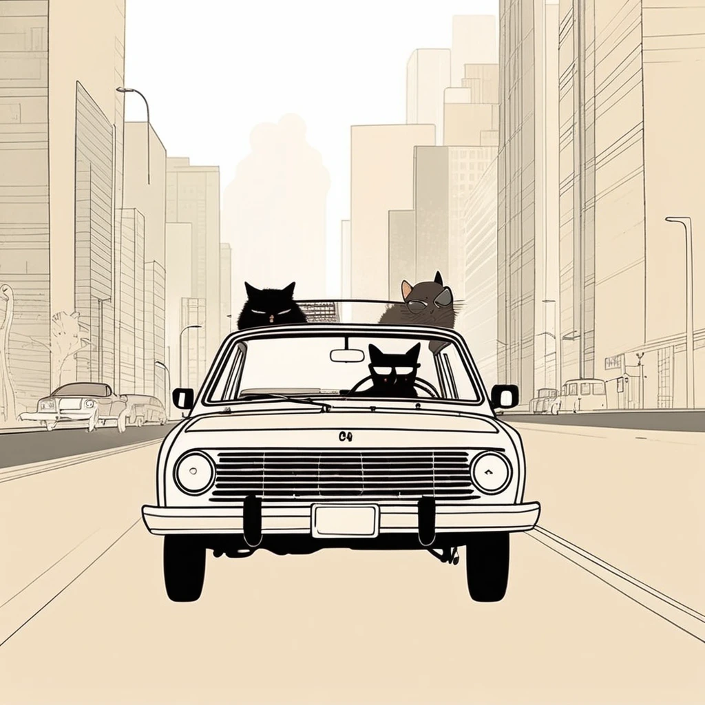 cat[-like , sweet,very cute,art by Sophie Roach , art by Jon Klassen , art by Michael Cho , art by Sophie Roach、sunglasses,smoking,city、driving,jeep