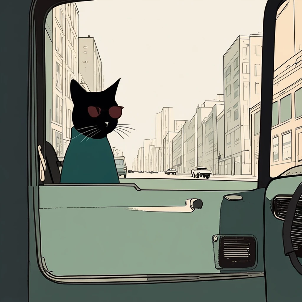 cat[-like , sweet,very cute,art by Sophie Roach , art by Jon Klassen , art by Michael Cho , art by Sophie Roach、sunglasses,smoking,city、driving,jeep
