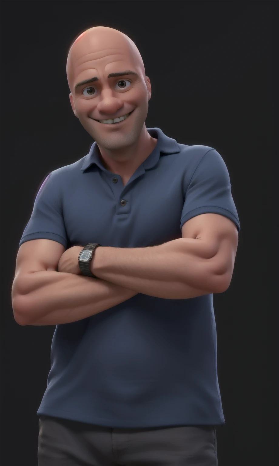 man of 40 years old, almost bald, smiling, of crossed arms
