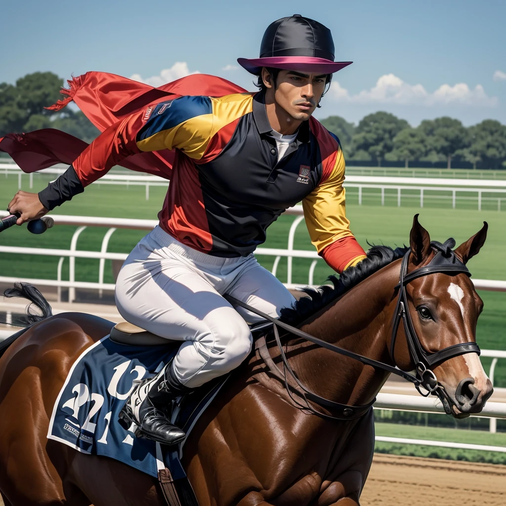 A 27 year ood man that is a muscular, attractive, black hair with somewhat tan skin, brown eyes, sharp jawline, thick eyebrows, racing silks outfit with bright and colorful colors inspired by polo men. Horse race track in the background With people riding horses.