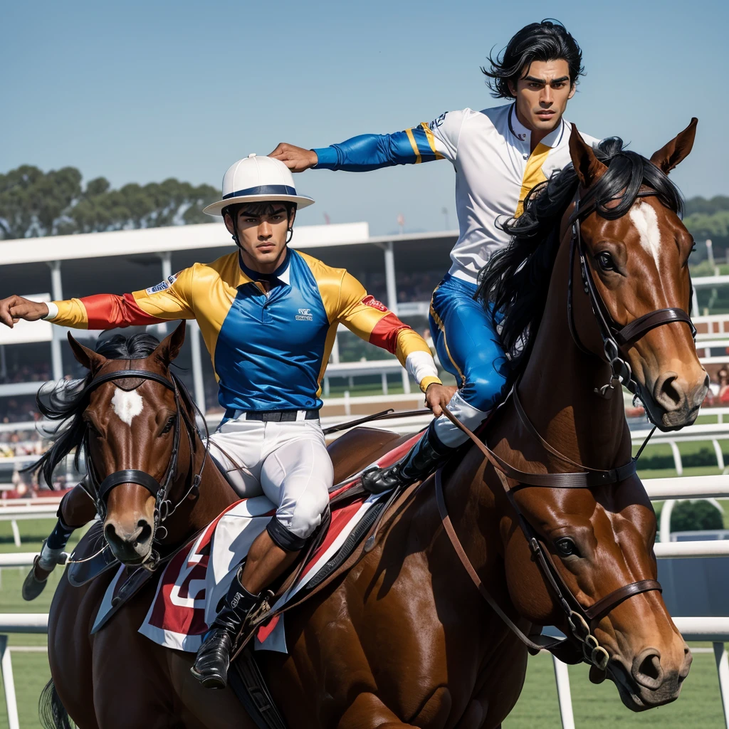 A 27 year ood man that is a muscular, attractive, black hair with somewhat tan skin, brown eyes, sharp jawline, thick eyebrows, racing silks outfit with bright and colorful colors inspired by polo men. Horse race track in the background With people riding horses.