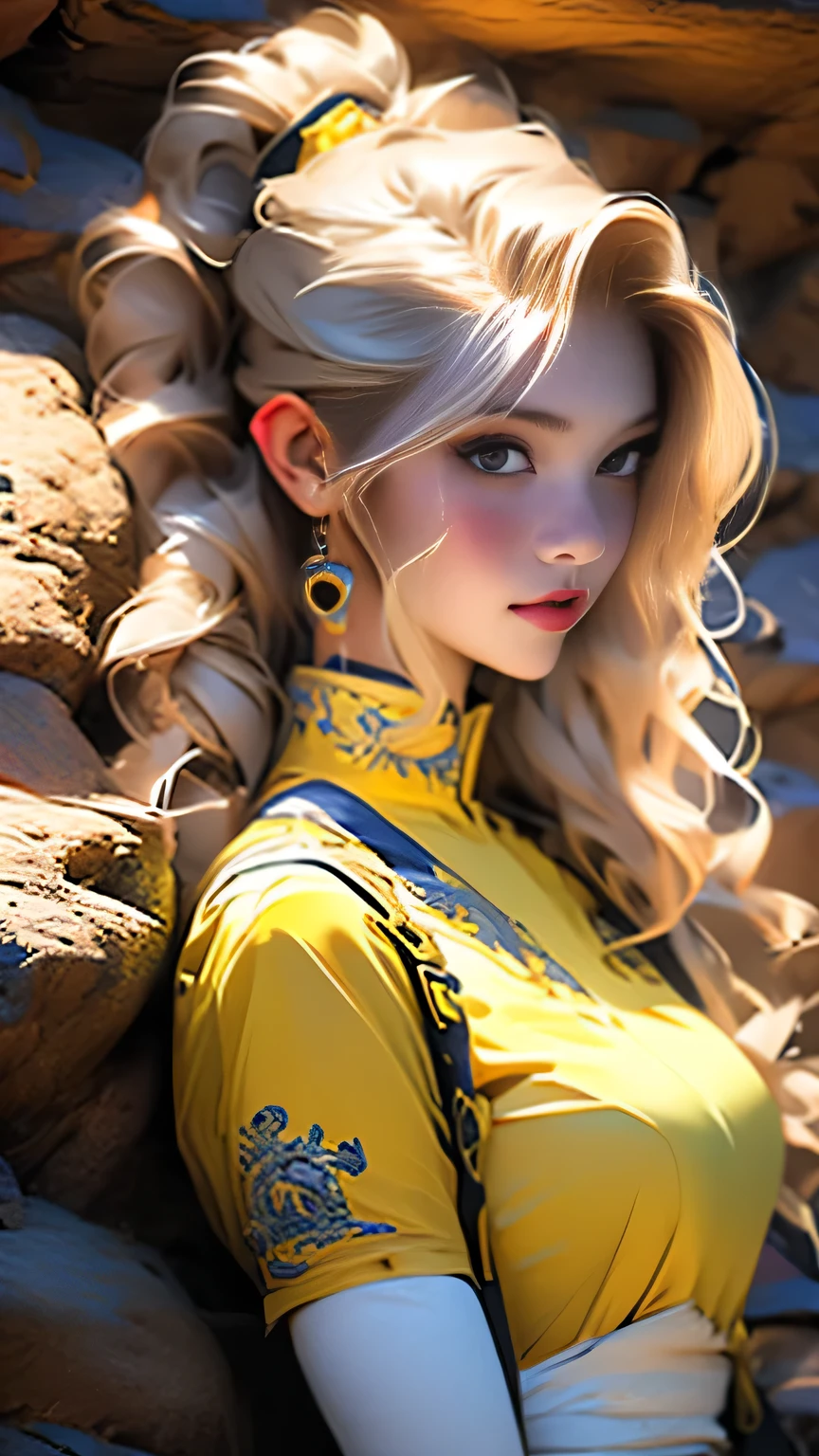 (Surreal), (picture), (High resolution), (In 8K), (Very detailed), (Best Illustration Photos), (Beautiful and fine details), (最high quality), (Ultra-detailed), (masterpiece), (wallpaper), (Detailed face), solo, One Girl, Blonde Wavy Hair, Korean Beauty,Black Eyes, ((ゆったりとしたBlue and yellow maid outfit)), Long legs, Toned Abs, Big Tits、stockings、((In a dark cave))、((Pause_random))、((Upper body portrait))), Upper body portrait, masterpiece, 最high quality, high quality, High resolution, Blue and yellow maid outfit