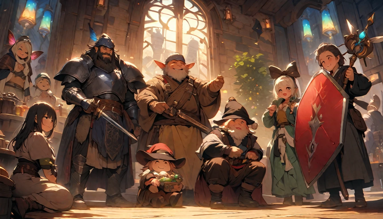 (masterpiece:1.4), (Highest quality:1.4), Very detailed, Complex, Very detailed, shape,Soft lighting, Tavern, More than one personで語り合う, Hopeful Face, smile, More than one person, Mixed gender, a group of adventurers, character from RPG games, (character: human, Fairy, Fairy, Dwarf, The Hobbit), (exterior: Swordsman Style, Shaman Style, Style, Magician style), (belongings: Long sword, dagger, Holy Staff, Magic wand, shield, metal armor, Leather Armor), Perfectly accurate anatomical shape、All limbs intact、Perfect full finger, Colorful characters, Drinking alcohol and having fun, Huge, Majestic, Uplifting expressions, みんなのsmileが素晴らしい.