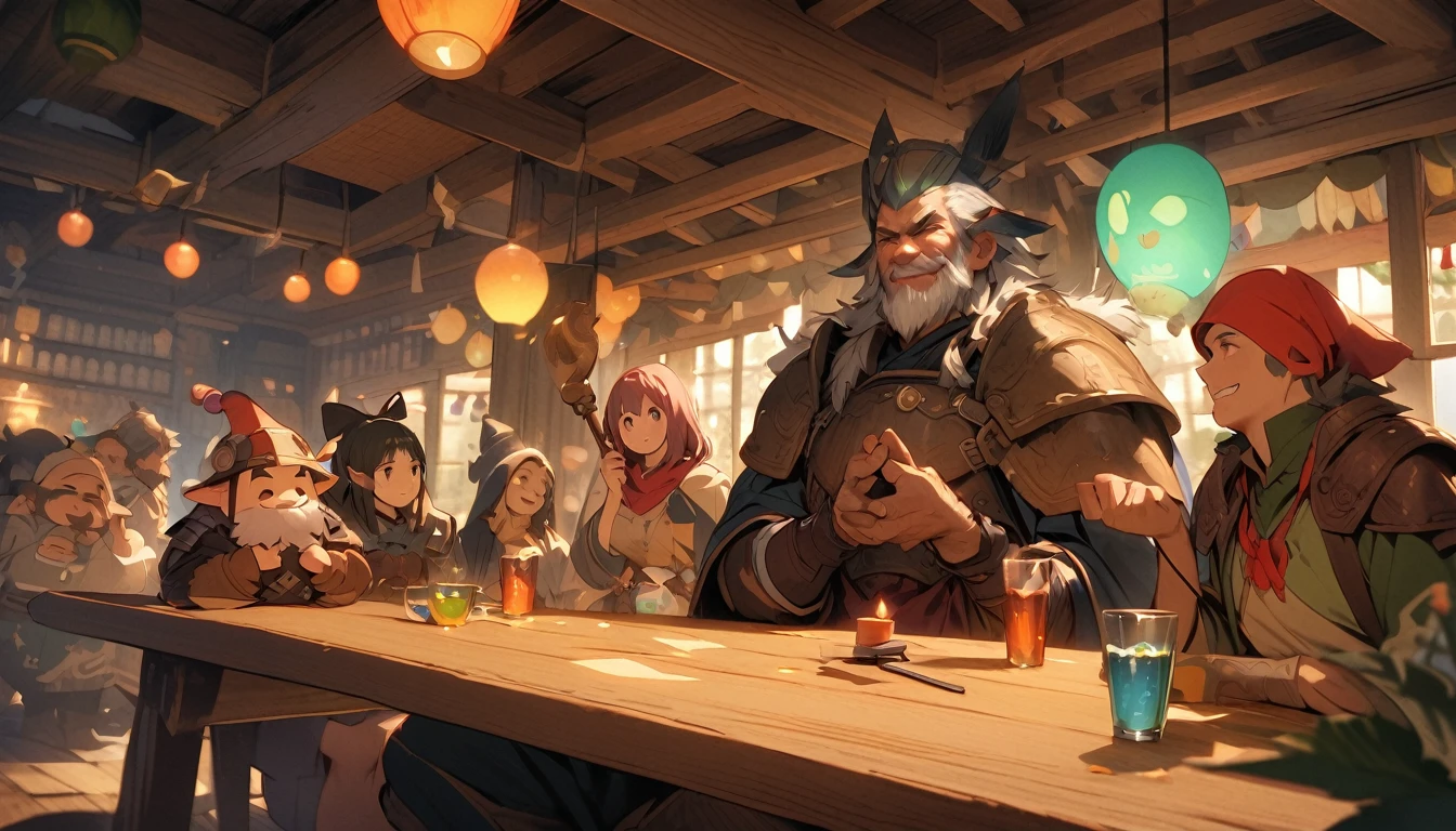 (masterpiece:1.4), (Highest quality:1.4), Very detailed, Complex, Very detailed, shape,Soft lighting, Tavern, More than one personで語り合う, Hopeful Face, smile, More than one person, Mixed gender, a group of adventurers, character from RPG games, (character: human, Fairy, Fairy, Dwarf, The Hobbit), (exterior: Swordsman Style, Shaman Style, Monk Style, Magician style), (belongings: Long sword, dagger, Holy Staff, Magic wand, shield, metal armor, Leather Armor), Perfectly accurate anatomical shape、All limbs intact、Perfect full finger, Colorful characters, Drinking alcohol and having fun, Huge, Majestic, Uplifting expressions, みんなのsmileが素晴らしい.