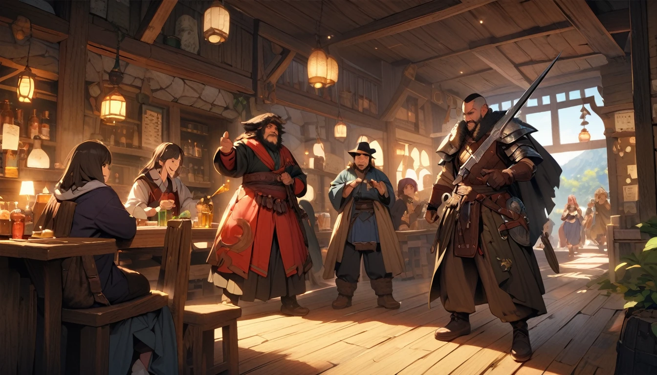 (masterpiece:1.4), (Highest quality:1.4), Very detailed, Complex, Very detailed, shape,Soft lighting, Tavern, More than one personで語り合う, Hopeful Face, smile, More than one person, Mixed gender, a group of adventurers, character from RPG games, (character: human, Fairy, Fairy, Dwarf, The Hobbit), (exterior: Swordsman Style, Shaman Style, Monk Style, Magician style), (belongings: Long sword, dagger, Holy Staff, Magic wand, shield, metal armor, Leather Armor), Perfectly accurate anatomical shape、All limbs intact、Perfect full finger, Colorful characters, Drinking alcohol and having fun, Huge, Majestic, Uplifting expressions, みんなのsmileが素晴らしい.