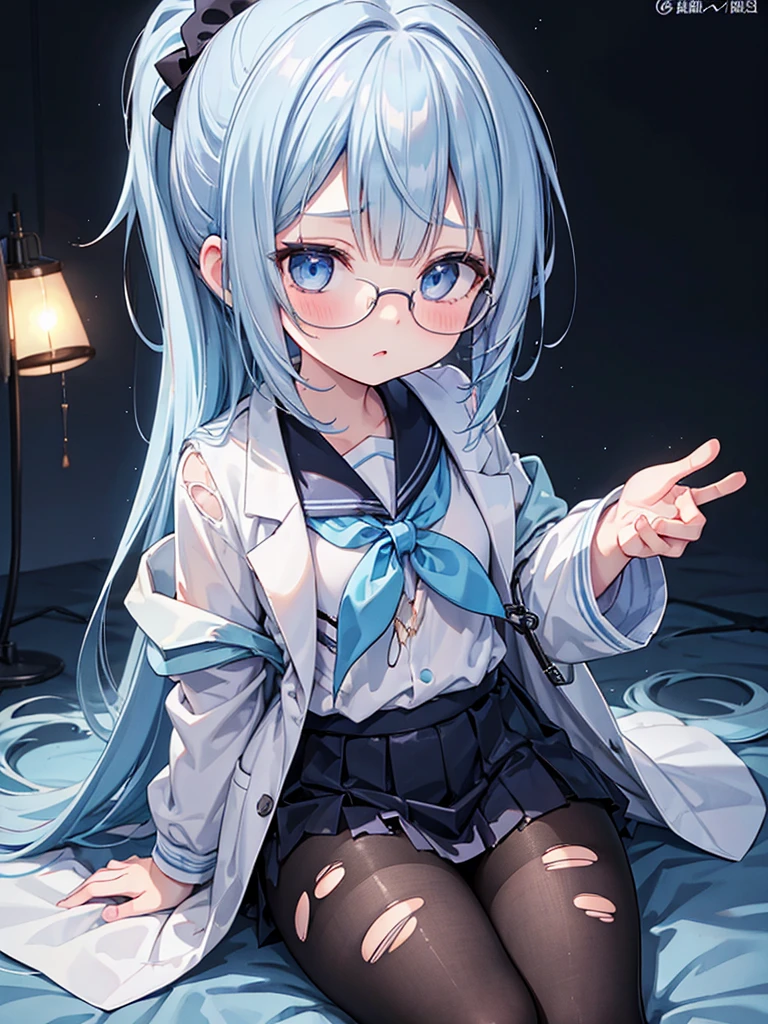 masterpiece, best quality, high quality, exquisite, medium hair, ponytail, blunt bangs, shiny hair, wavy hair, ((light blue hair,)) blue eyes, jitome, tareme, droopy eyes, pale skin, shiny skin, tiny, , small breasts, sailor uniform, ((lab coat,)) (black pantyhose,) glasses, blush, 10-year-old, ((((torn clothes,))))