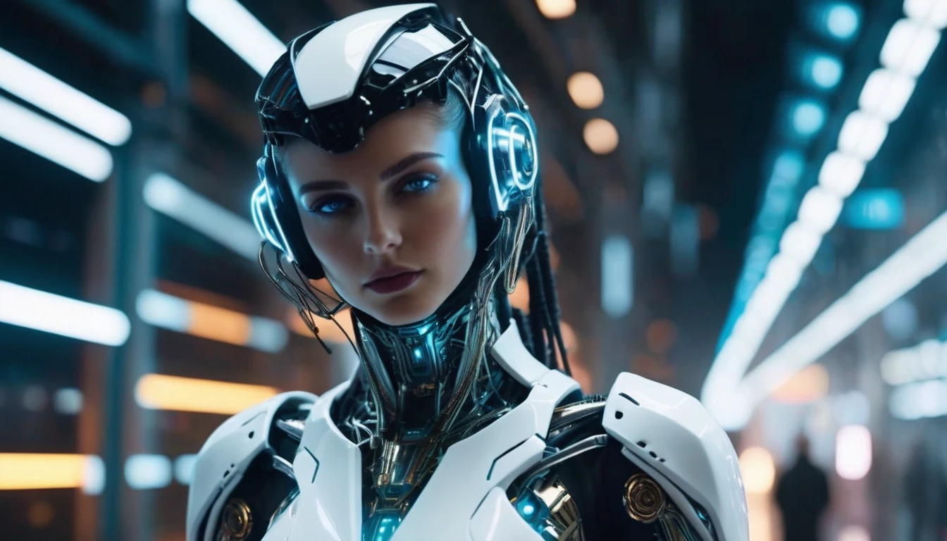 High angle camera view from above, traversal camera movement, orbit camera movement turn to the right. A cinematic half body portrait of a cybernetic humanoid robot male with a futuristic white armor that seems to transcend time and space, intricately woven into her very being, encased in the cybernetic suit, move with fluidity and precision, resembles streams of neon lights, casting a vibrant glow that adds a touch of cyberpunk brilliance to her appearance. Around his head swirly fast moving flowing a holographical neuronweb. Each strand of neuronweb is meticulously crafted with holographic patterns that shimmer and shift, creating an ever-changing display of colors, intricate details, highly detailed, style: cyberpunk, realistic, cinematic, studio photo, fashion photography, wide-angle lens, half body shot, sharp focus, best shadow, depth of field, ultrarealistic detailed lighting, volumetric lighting, cinematic lighting, dramatic lighting, light rays, vintage color tones, cinestill, 8k, hdr, high-resolution, 35mm film,