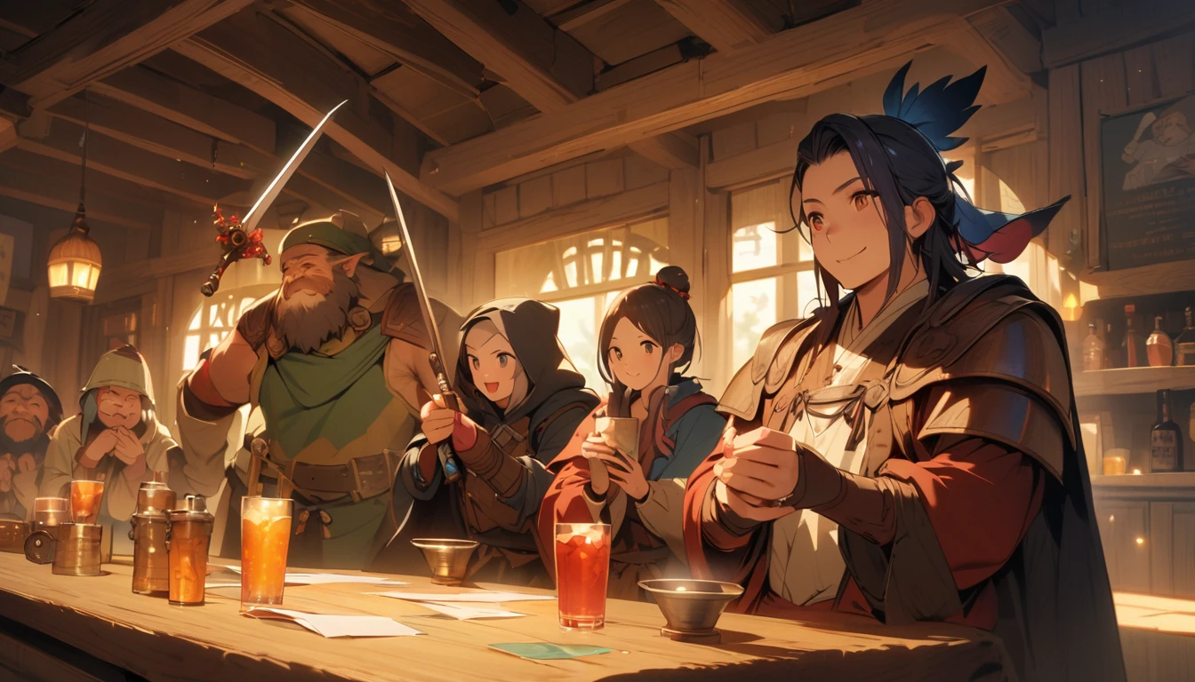 (masterpiece:1.4), (Highest quality:1.4), Very detailed, Complex, Very detailed, shape,Soft lighting, Tavern, More than one personで語り合う, Hopeful Face, smile, More than one person, Mixed gender, a group of adventurers, character from RPG games, (character: human, Fairy, Fairy, Dwarf, The Hobbit), (exterior: Swordsman Style, Shaman Style, Monk Style, Magician style), (belongings: Long sword, dagger, Holy Staff, Magic wand, shield, metal armor, Leather Armor), Perfectly accurate anatomical shape、All limbs intact、Perfect full finger, Colorful characters, Drinking alcohol and having fun, Huge, Majestic, Uplifting expressions, みんなのsmileが素晴らしい.