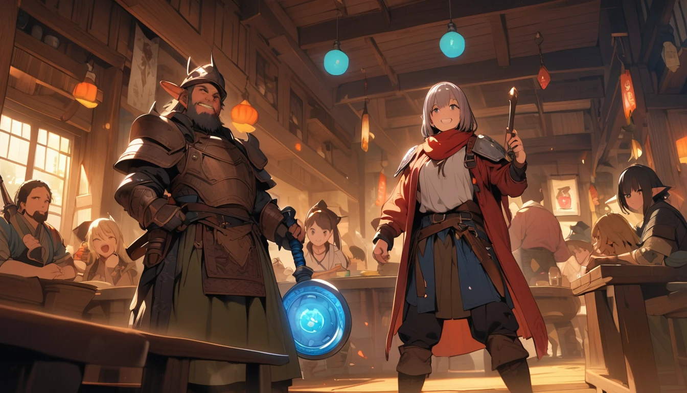 (masterpiece:1.4), (Highest quality:1.4), Very detailed, Complex, Very detailed, shape,Soft lighting, Tavern, More than one personで語り合う, Hopeful Face, smile, More than one person, Mixed gender, a group of adventurers, character from RPG games, (character: human, Fairy, Fairy, Dwarf, The Hobbit), (exterior: Swordsman Style, Shaman Style, Monk Style, Magician style), (belongings: Long sword, dagger, Holy Staff, Magic wand, shield, metal armor, Leather Armor), Perfectly accurate anatomical shape、All limbs intact、Perfect full finger, Colorful characters, Drinking alcohol and having fun, Huge, Majestic, Uplifting expressions, みんなのsmileが素晴らしい.