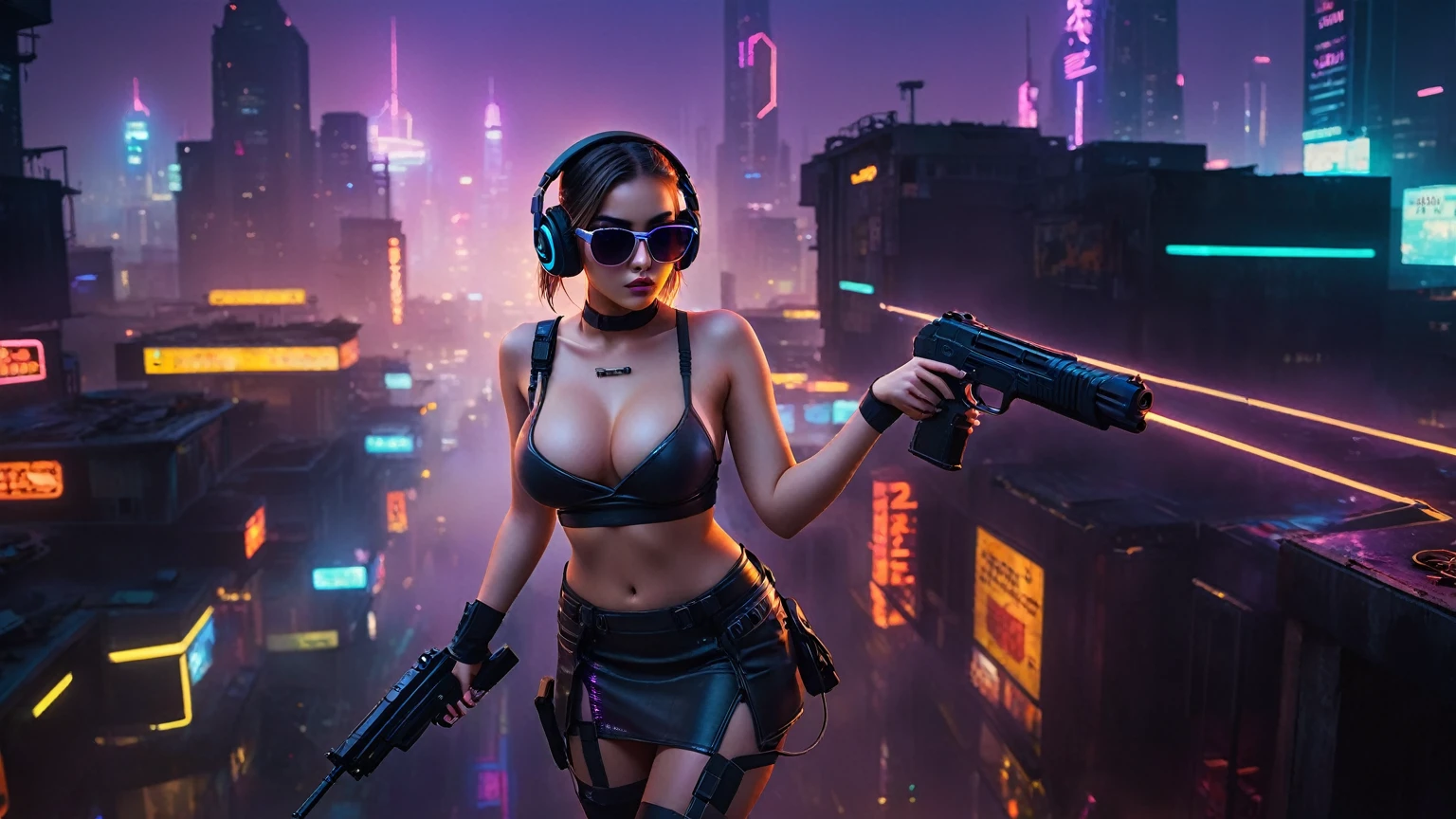 dark futuristic landscape, at night, neon lights, Atmospheric fog, large buildings in the background, futuristic city, streets with open shops, skyscraper (postapocalyptic city:1.3). (((1girl, solo, alone))), large-breast:1.2 slim body, cleavage:1.1, sexy miniskirt, (((headphone, black sunglasses, standing and holding pistol pose))), (((half-body thigh level medium shot))), cinematic lighting, lens flare, ray tracing.