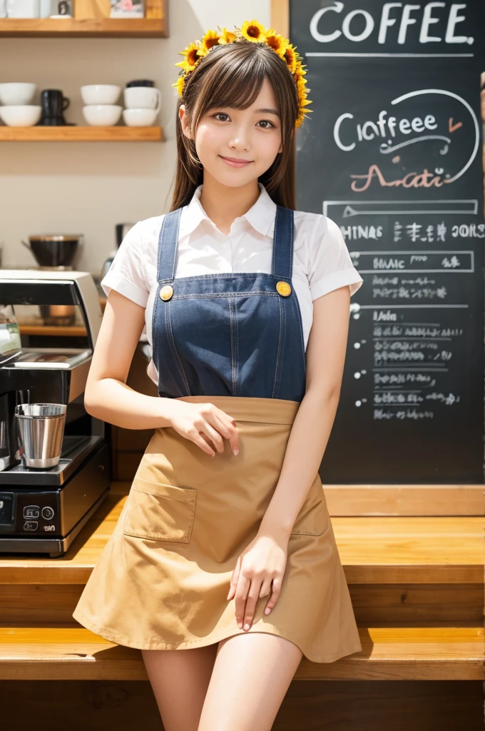 20 years old girl (Japanese cute face) is wearing very short mini skirt and apron and working at the coffee cafe with sunflowers