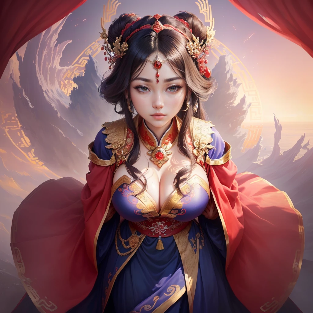 a painting of a woman in a red and blue dress, a beautiful fantasy empress, inspired by Lan Ying, chinese empress, queen of the sea mu yanling, ((a beautiful fantasy empress)), inspired by Ju Lian, ancient chinese princess, inspired by Li Mei-shu, ancient chinese goddess, inspired by Qiu Ying, inspired by Sim Sa-jeong, Highly detailed CG unit 8k wallpaper, masterpiece, High resolution, highest quality, highest quality real texture skin, Super Real, Digital Painting, Best image quality, 最High resolution, 8k, ((Highly detailed eyes and face, Beautiful eyes every detail)), Clasping hands, pray, (in trouble, sad, it hurts, worry, Drooping eyebrows, ) (Saggy breasts, Gravity-dependent breasts, long chest, Heavy chest, disproportionate breasts, huge breasts, sagging breasts, gigantic breasts,),