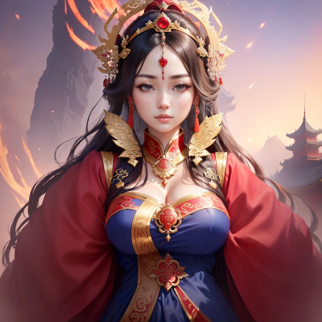 a painting of a woman in a red and blue dress, a beautiful fantasy empress, inspired by Lan Ying, chinese empress, queen of the sea mu yanling, ((a beautiful fantasy empress)), inspired by Ju Lian, ancient chinese princess, inspired by Li Mei-shu, ancient chinese goddess, inspired by Qiu Ying, inspired by Sim Sa-jeong, Highly detailed CG unit 8k wallpaper, masterpiece, High resolution, highest quality, highest quality real texture skin, Super Real, Digital Painting, Best image quality, 最High resolution, 8k, ((Highly detailed eyes and face, Beautiful eyes every detail)), Clasping hands, pray, (in trouble, sad, it hurts, worry, Drooping eyebrows, ) (Saggy breasts, Gravity-dependent breasts, long chest, Heavy chest, disproportionate breasts, huge breasts, sagging breasts, gigantic breasts,), 