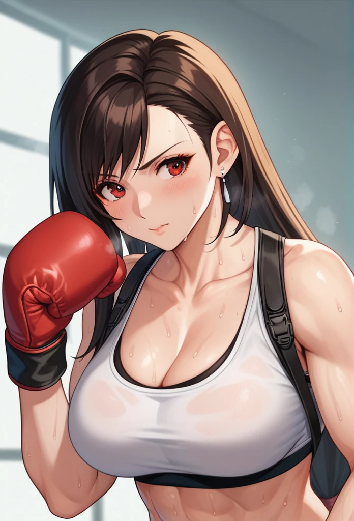 ff7r style, tifa lockhart, 1girl, sports bra, boxing gloves, sweating