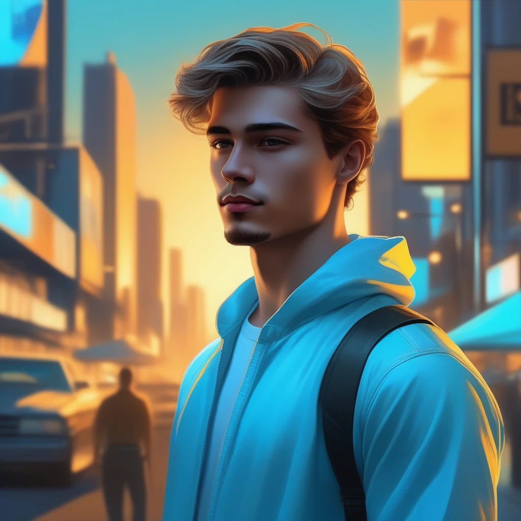 a picture of a handsome young man, light blue and light amber, | Neon Realism
