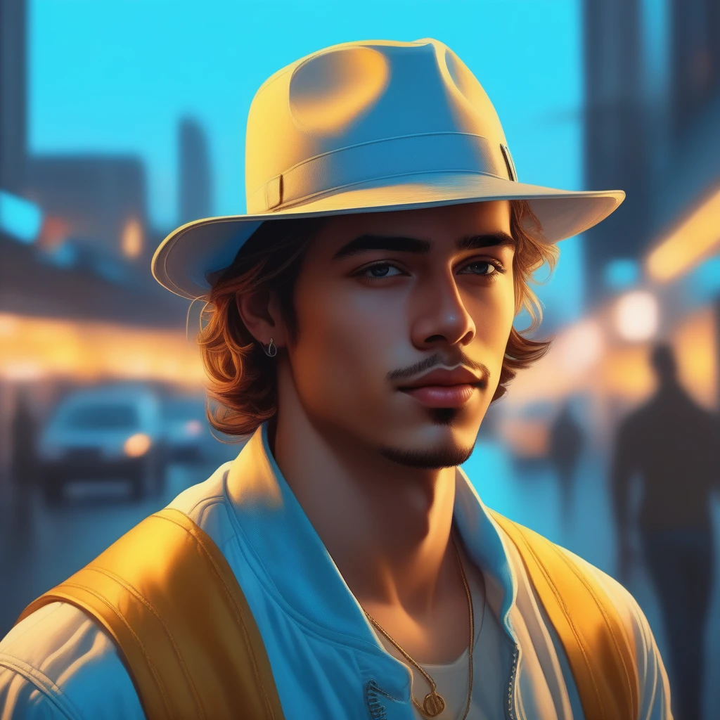 a picture of a handsome young man, light blue and light amber, | Neon Realism
