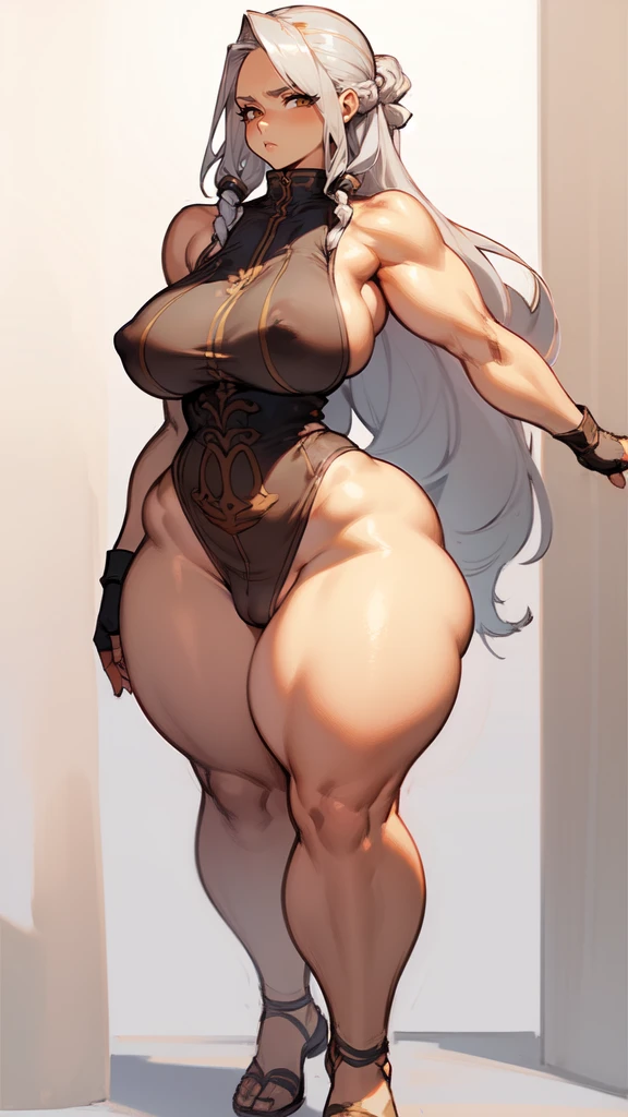 (masterpiece), best quality, female warrior, huge girl, female muscular:1.2, long hair:0.5, (silver hair), big breast, (curvy:1.8), (((blank background))), ((full body)), fingerless gloves, sandals, sleeveless, covered nipples, detailed dress, ((camel toe)), corset, bare legs , ((long legs:1.5)), tall girl, forehead, (slicked back hair)