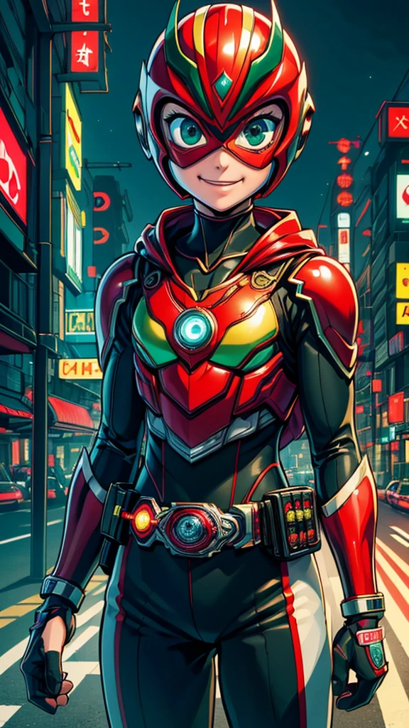 (8k),(masterpiece),(Japanese),(8-year-old girl),((innocent look)),((Childish)),From the front,smile,cute,Innocent,Kind eyes,Flat chest,red helmet,green domino mask, Merida, bald,no Hair,Strong wind,night,dark, Neon light cyberpunk city,Kamen_Rider,camisa