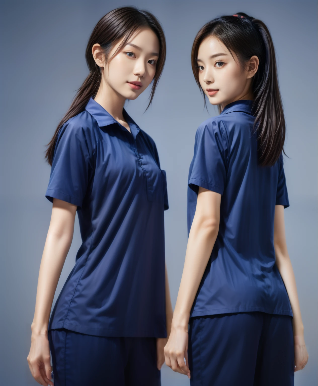 (best quality,10,10,height,Masterpiece:1.2),Special details,(realistic,ภาพrealistic,Realistic photos:1.37),1 Cute girl in the kitchen,shiny, ผิวshiny,only,smile softly,BDclothelue shirt:1.3)),short sleeve,shirt, กางเกงขาlong.,(navy_long_track pants:1.1), ((Kitchen Background)),Dynamic angle,excited,Face focus,dynamic poses,from behind,focus on ass,Masterpiece, best quality, ultra realistic, hyper detail, 8k resolution, raw photos, Sharp focus, ((Navy blue shirt:1.1)), short sleeve, เส้นทางlong, perfect body, 2 mature women, 18 years old, Cinema-grade lighting system,blue sweatpants,shirtผ้าออกกำลังกาย,correct anatomy,perfect body, correct body, Sharp face, correct bodyทางกายวิภาค, full body, realistic gestures, long-haired, realistic poses,Wear long shorts...........................,ช่วงขาlong,Good shape,carved girl, Slender figure, model, Good shape, beautiful body,blue sweatpants, two girls kissing