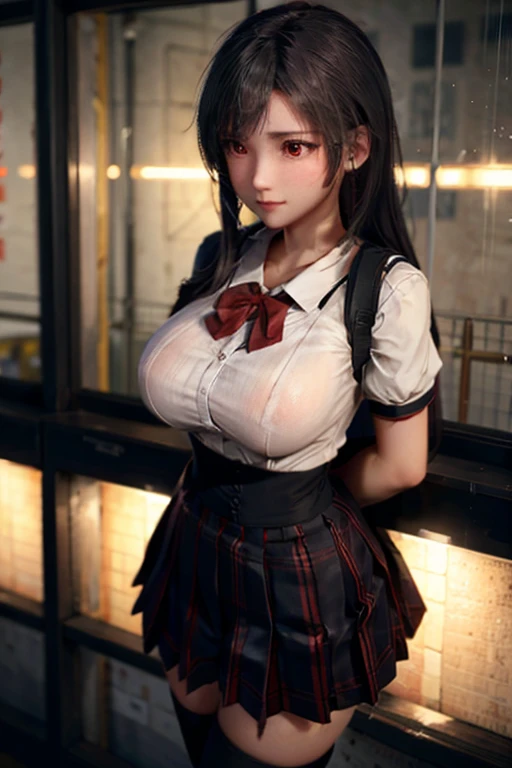 school girl uniform , steam , rain , plaid skirt , pleated skirt , The shirt is tight. , white shirt , school girl , red bow , red knot , big breasts,