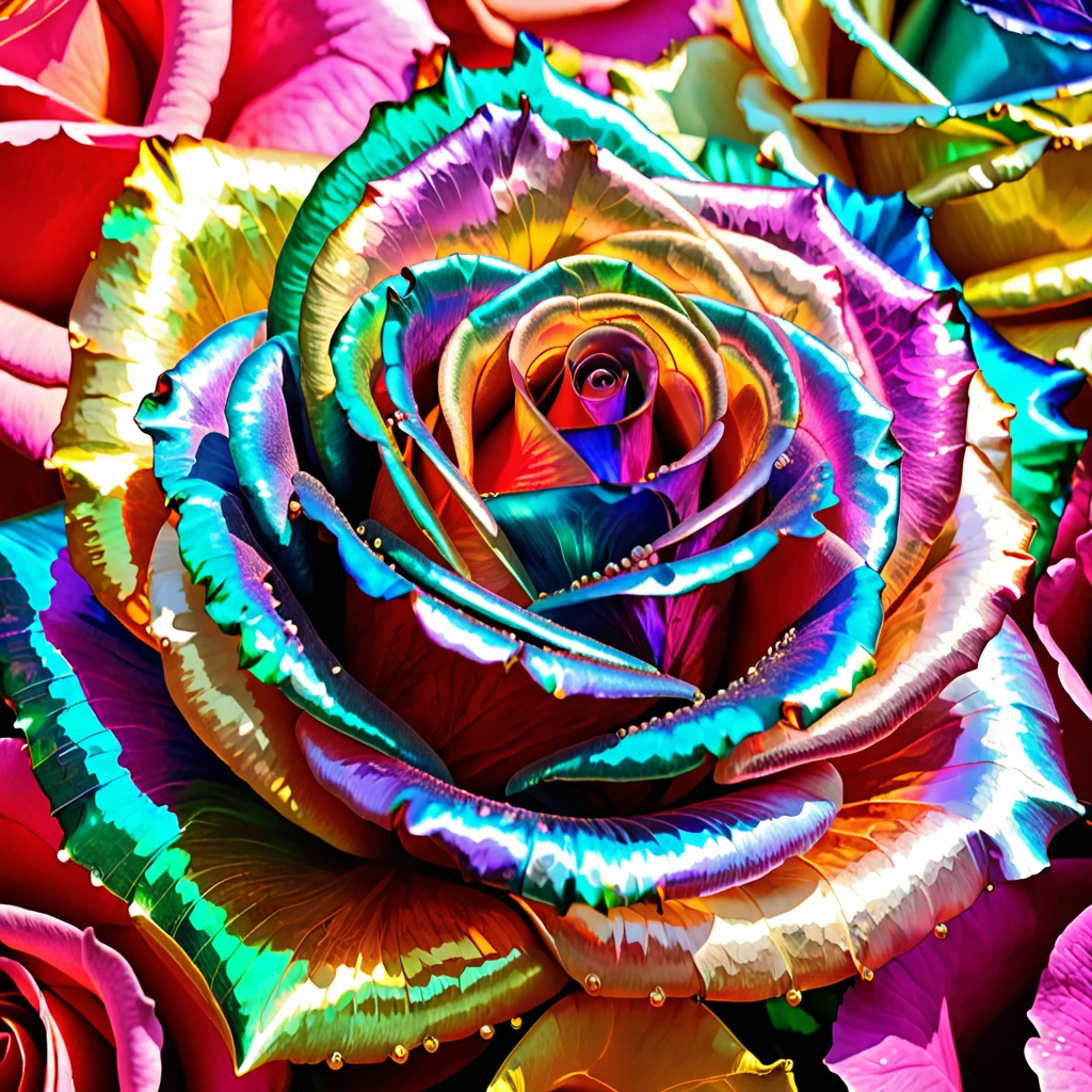 Pearlum, digitally enhanced rose, iridescent sheen, rainbow colors, petals, adorned with pearls, varying sizes, ornamental, luxurious, artistic, floral beauty, natural elements, opulence, high resolution, digital art, visual aesthetics, contemporary design, vibrant colors, reflective surfaces, artistic composition, high contrast, elegant, intricate detailing, modern, futuristic