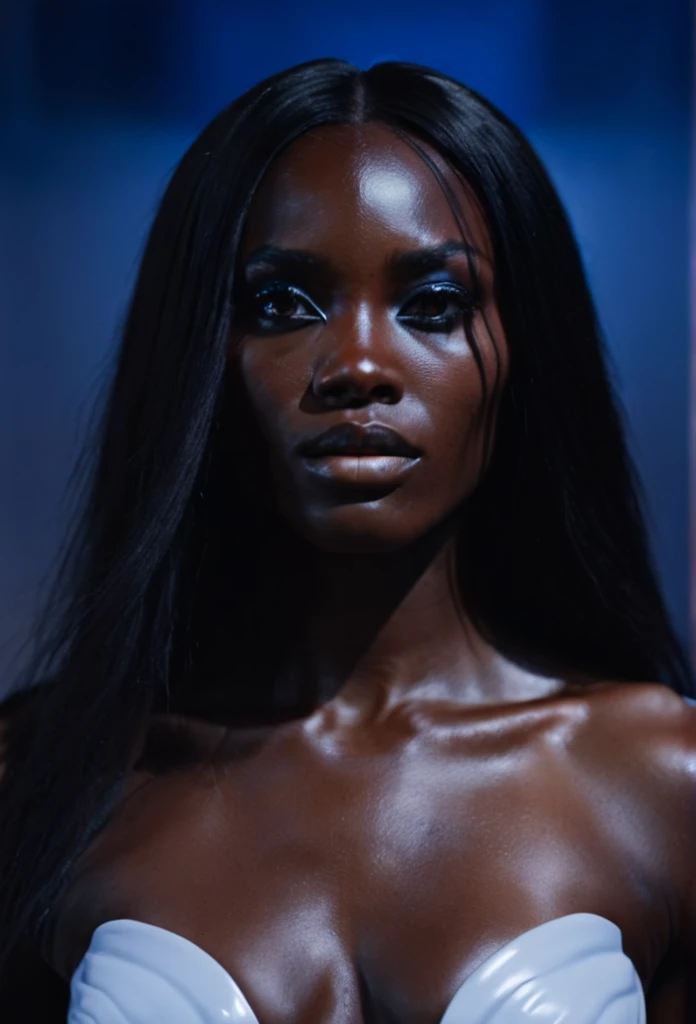 Fashionable, glowing eyes, beautiful black muscular woman, black skin, long white long hair, futuristic design, minimal details, givenchy, photoreal, 200mm, hd, f/ 2.0, highly detailed, surreal , drop dead, in the style of red and blue, (intricate details, hyperdetailed:1.15) (skin texture:1.2), cinematic, professional, 4k, (((dynamic model pose))), sitting, full body, mesmerizing, dynamic, dramatic, sensual, dynamic pose, highly detailed skin with hair, subcutaneous veins, light and shadow play, highly detailed,24mm photograph, film, bokeh, professional, 4k,